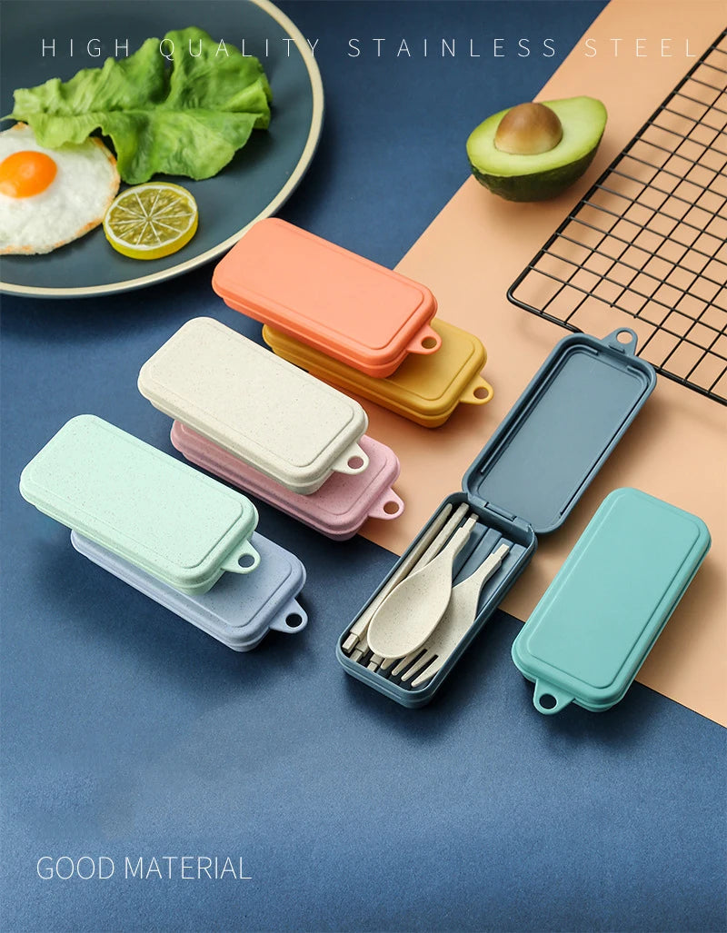 4-Pcs Portable Wheat Straw Tableware Set with Detachable Cutlery