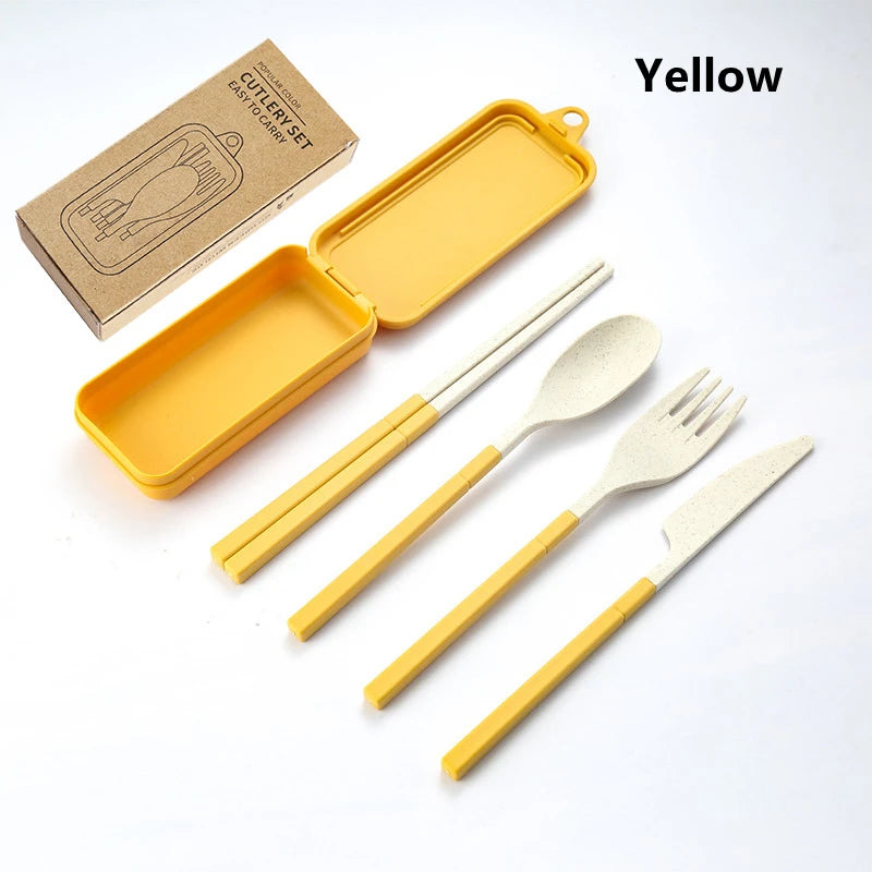 4-Pcs Portable Wheat Straw Tableware Set with Detachable Cutlery