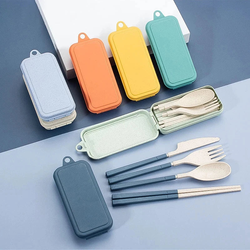 4-Pcs Portable Wheat Straw Tableware Set with Detachable Cutlery