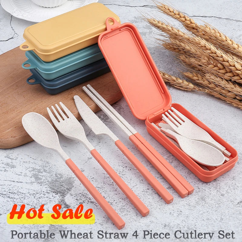 4-Pcs Portable Wheat Straw Tableware Set with Detachable Cutlery