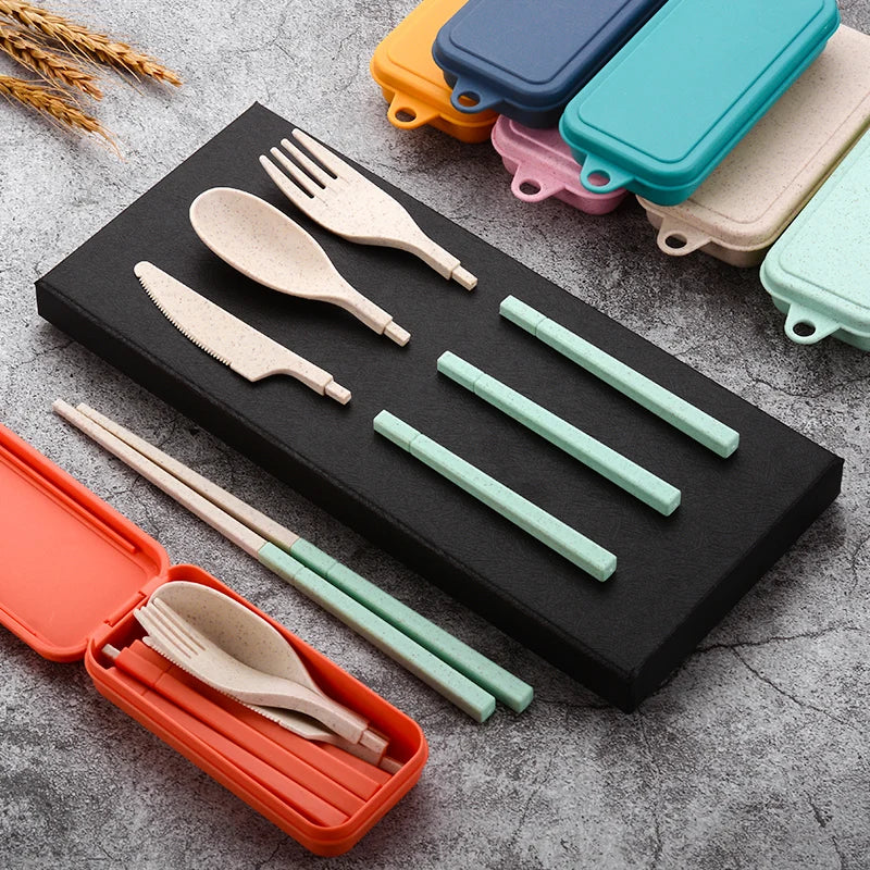 4-Pcs Portable Wheat Straw Tableware Set with Detachable Cutlery