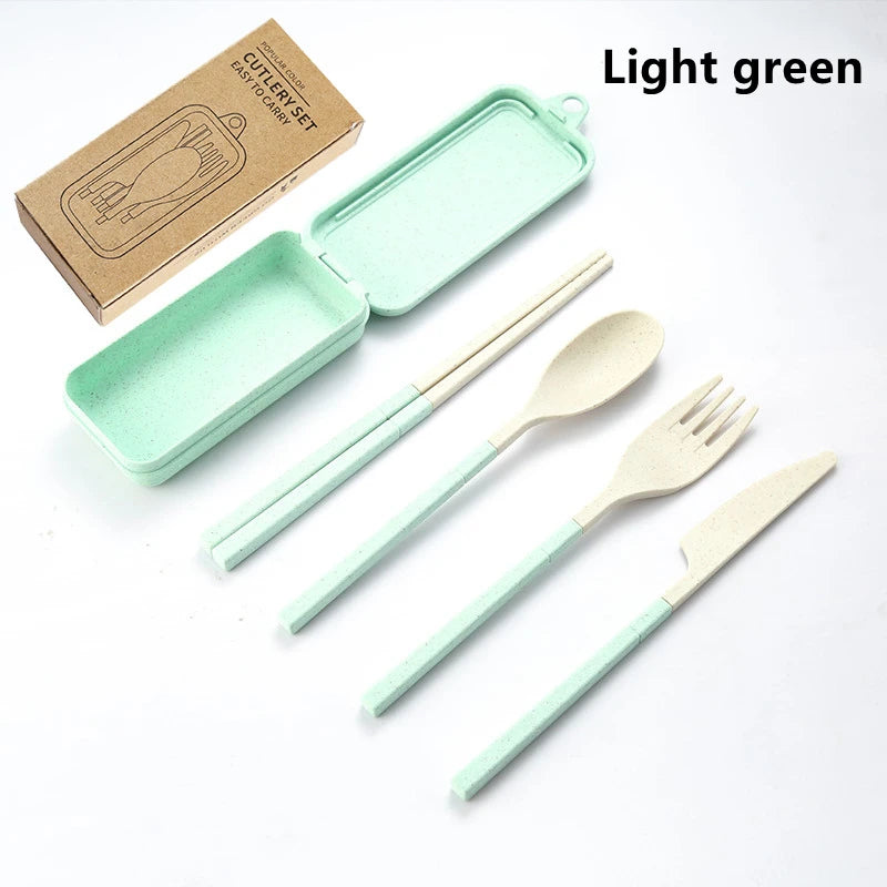 4-Pcs Portable Wheat Straw Tableware Set with Detachable Cutlery
