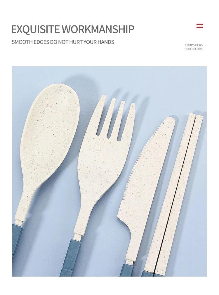 4-Pcs Portable Wheat Straw Tableware Set with Detachable Cutlery