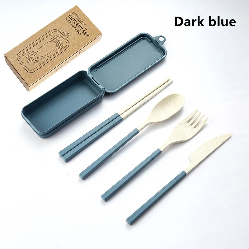 4-Pcs Portable Wheat Straw Tableware Set with Detachable Cutlery