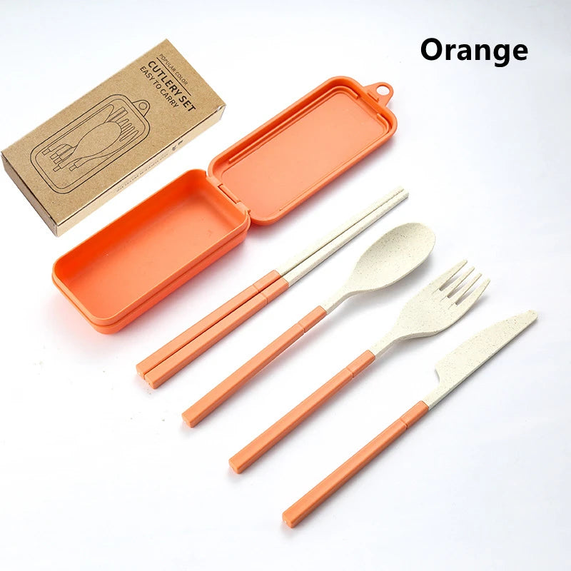 4-Pcs Portable Wheat Straw Tableware Set with Detachable Cutlery
