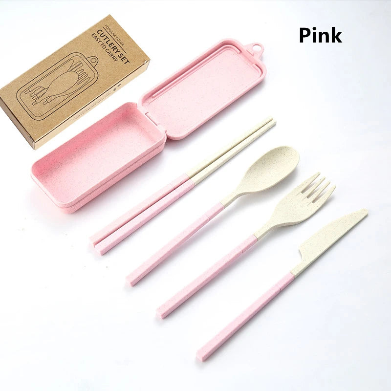 4-Pcs Portable Wheat Straw Tableware Set with Detachable Cutlery
