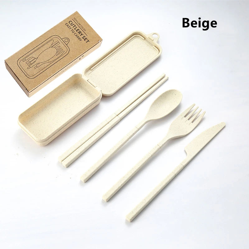 4-Pcs Portable Wheat Straw Tableware Set with Detachable Cutlery
