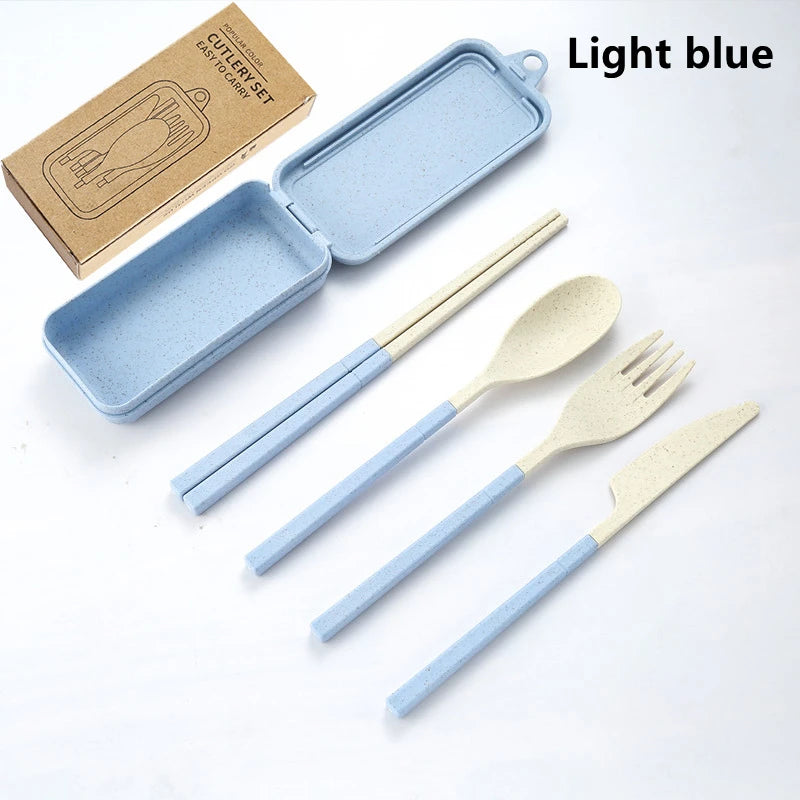 4-Pcs Portable Wheat Straw Tableware Set with Detachable Cutlery