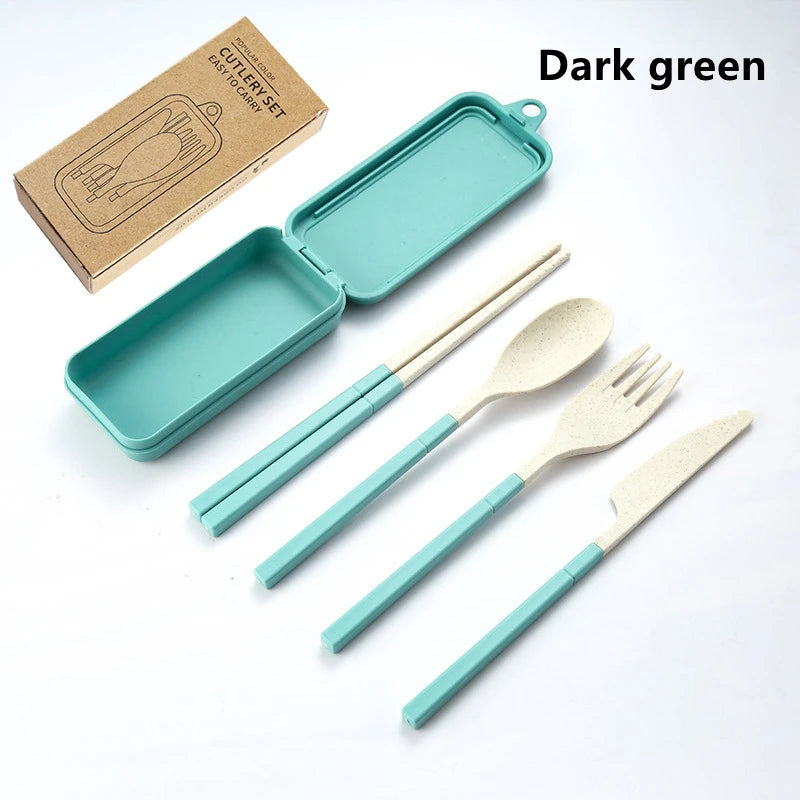 4-Pcs Portable Wheat Straw Tableware Set with Detachable Cutlery