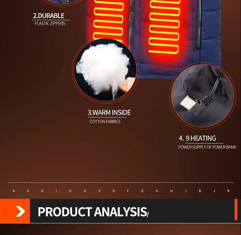 USB Heated Jacket with 9 Zones Electric Graphene Heat Coat