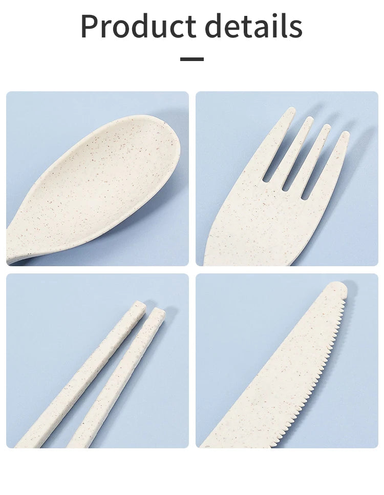 4-Pcs Portable Wheat Straw Tableware Set with Detachable Cutlery