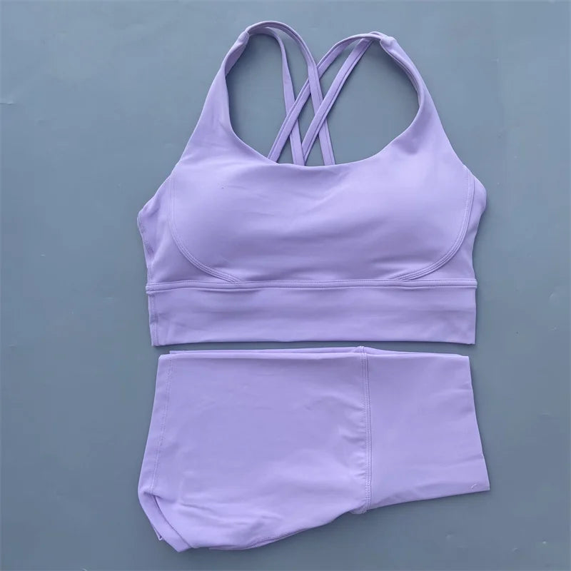 Women’s Solid Color Gym Set – Leggings & Cross Sports Bra Tracksuit