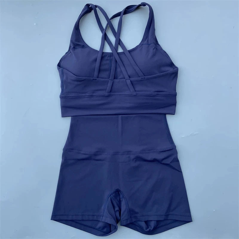 Women’s Solid Color Gym Set – Leggings & Cross Sports Bra Tracksuit