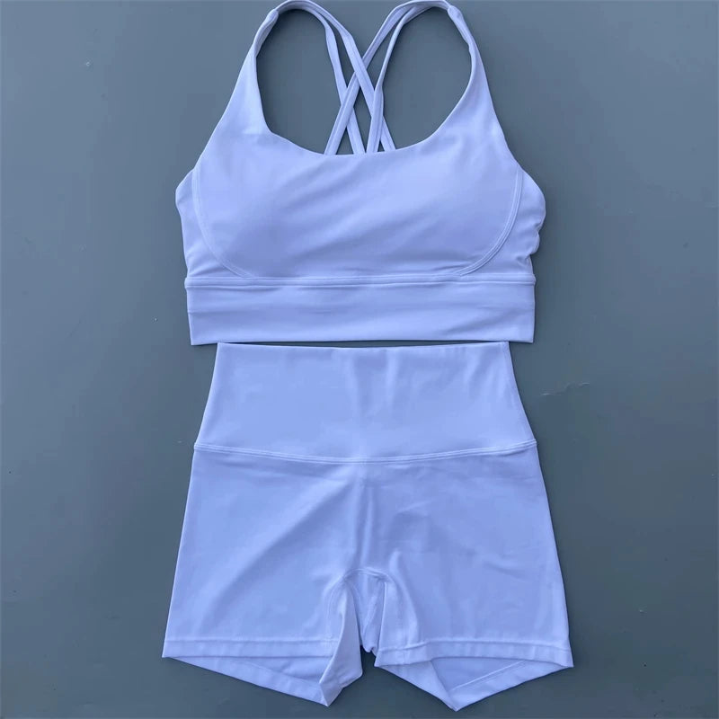 Women’s Solid Color Gym Set – Leggings & Cross Sports Bra Tracksuit