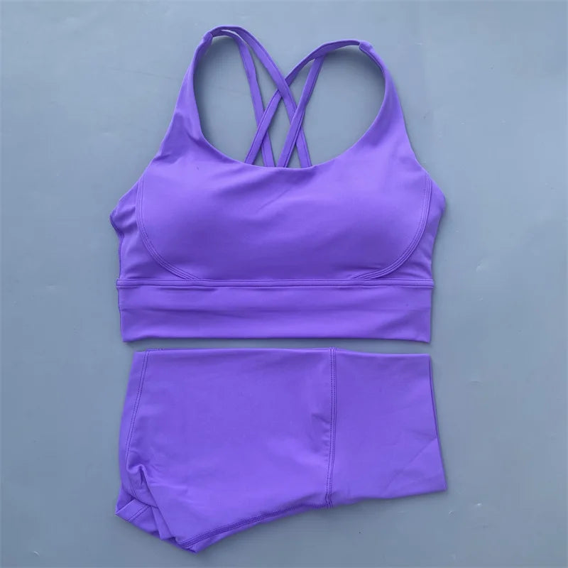 Women’s Solid Color Gym Set – Leggings & Cross Sports Bra Tracksuit