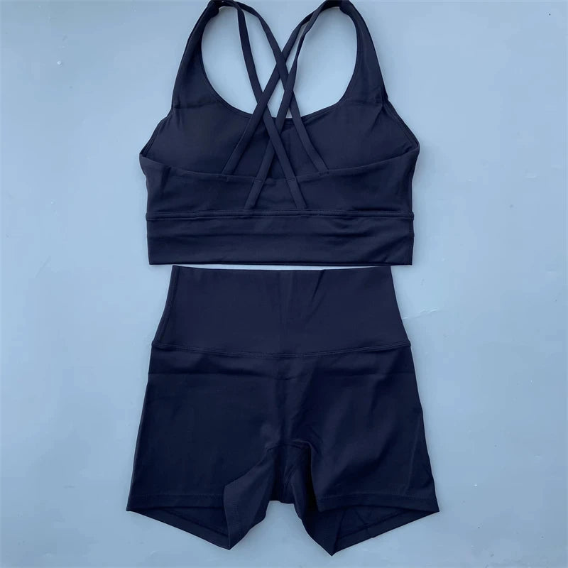 Women’s Solid Color Gym Set – Leggings & Cross Sports Bra Tracksuit