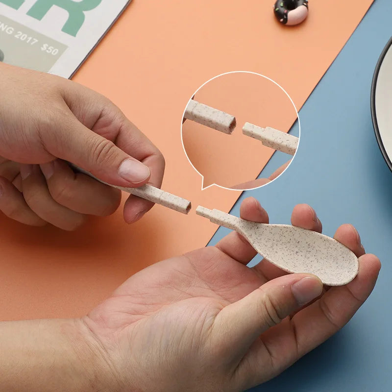 4-Pcs Portable Wheat Straw Tableware Set with Detachable Cutlery