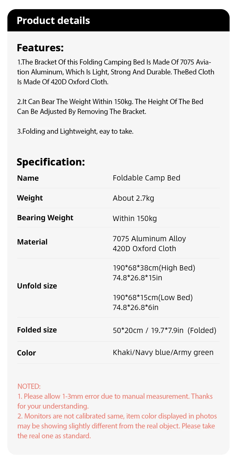 Folding Camping Cot Portable Outdoor Bed for Adults & Kids