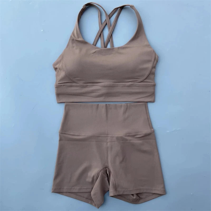 Women’s Solid Color Gym Set – Leggings & Cross Sports Bra Tracksuit