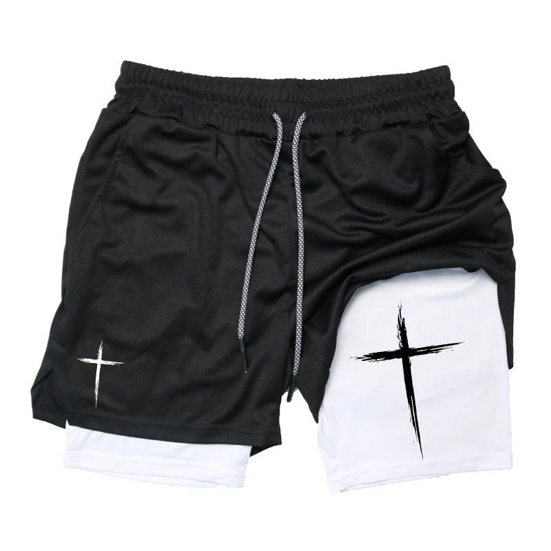 Cross Print 2-in-1 Men’s Performance Shorts – Gym & Running