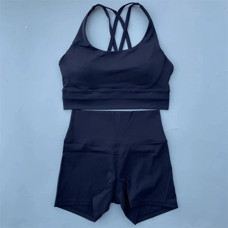 Women’s Solid Color Gym Set – Leggings & Cross Sports Bra Tracksuit