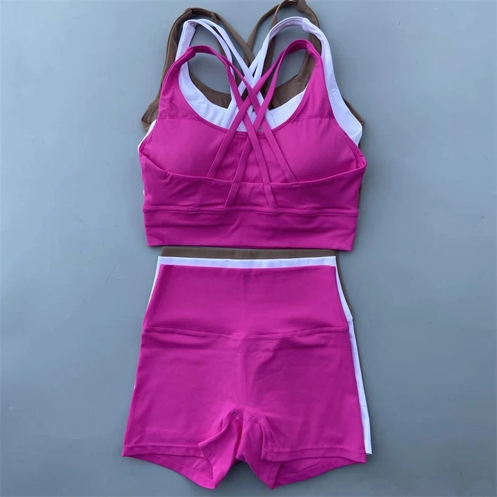 Women’s Solid Color Gym Set – Leggings & Cross Sports Bra Tracksuit