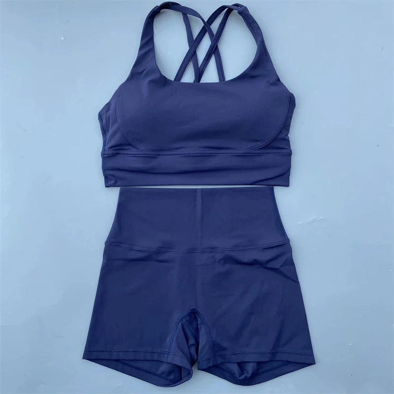 Women’s Solid Color Gym Set – Leggings & Cross Sports Bra Tracksuit