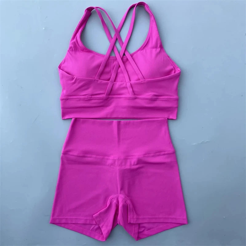 Women’s Solid Color Gym Set – Leggings & Cross Sports Bra Tracksuit