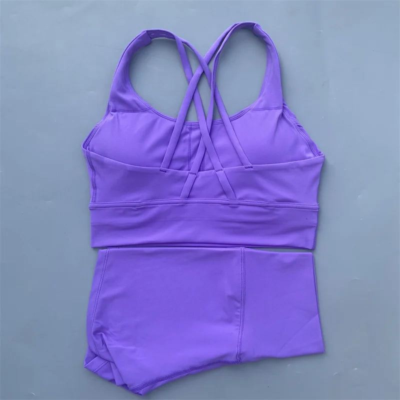 Women’s Solid Color Gym Set – Leggings & Cross Sports Bra Tracksuit