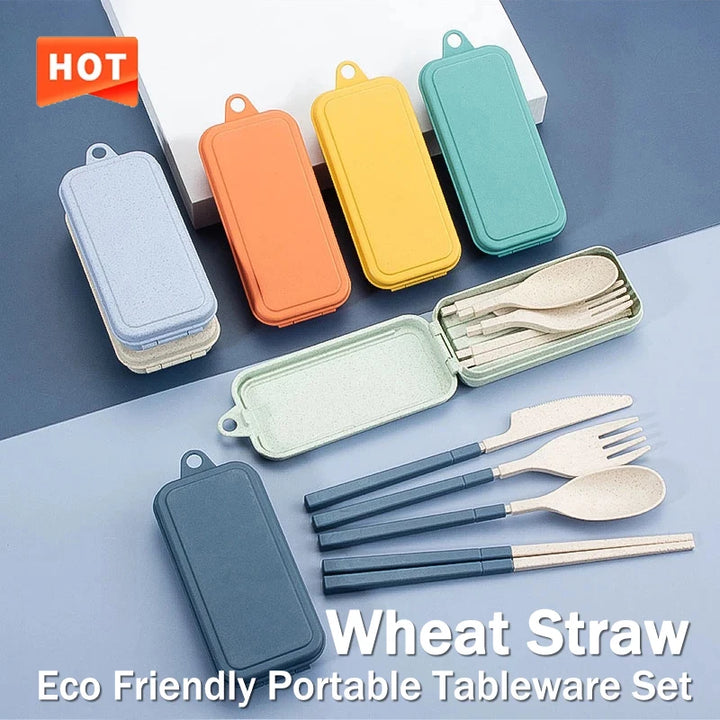 4-Pcs Portable Wheat Straw Tableware Set with Detachable Cutlery