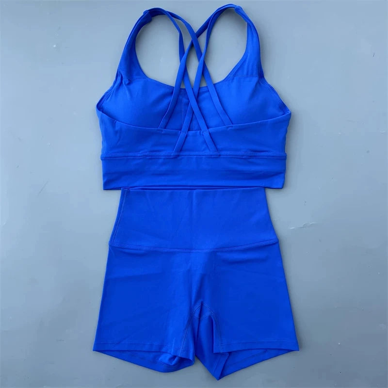 Women’s Solid Color Gym Set – Leggings & Cross Sports Bra Tracksuit