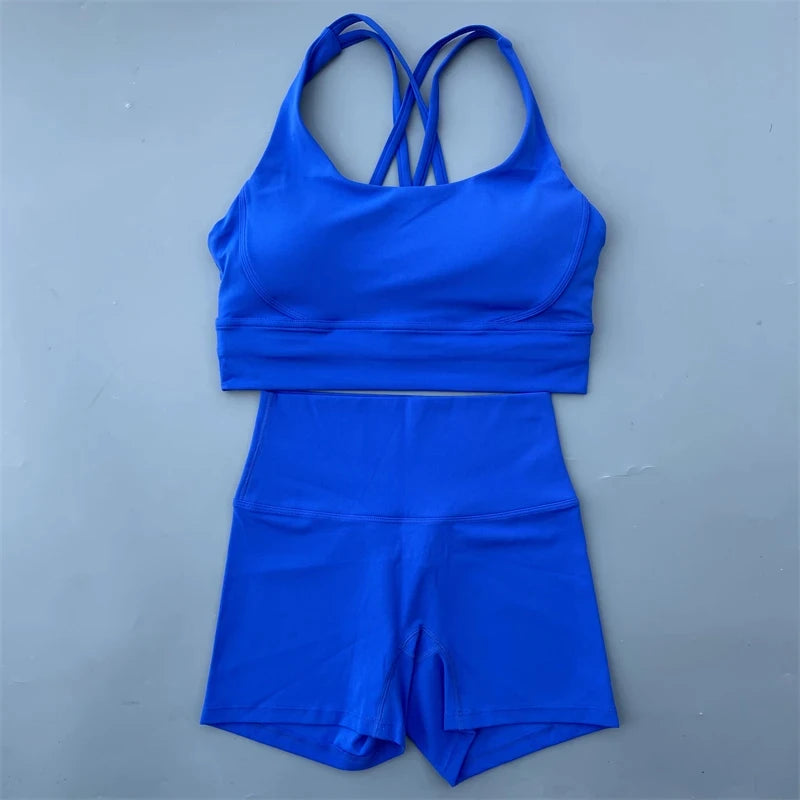 Women’s Solid Color Gym Set – Leggings & Cross Sports Bra Tracksuit