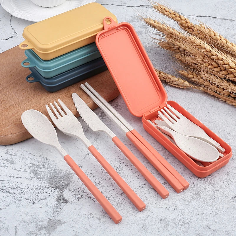 4-Pcs Portable Wheat Straw Tableware Set with Detachable Cutlery