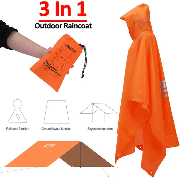 3-in-1 Waterproof Hooded Raincoat Poncho Tent Cover