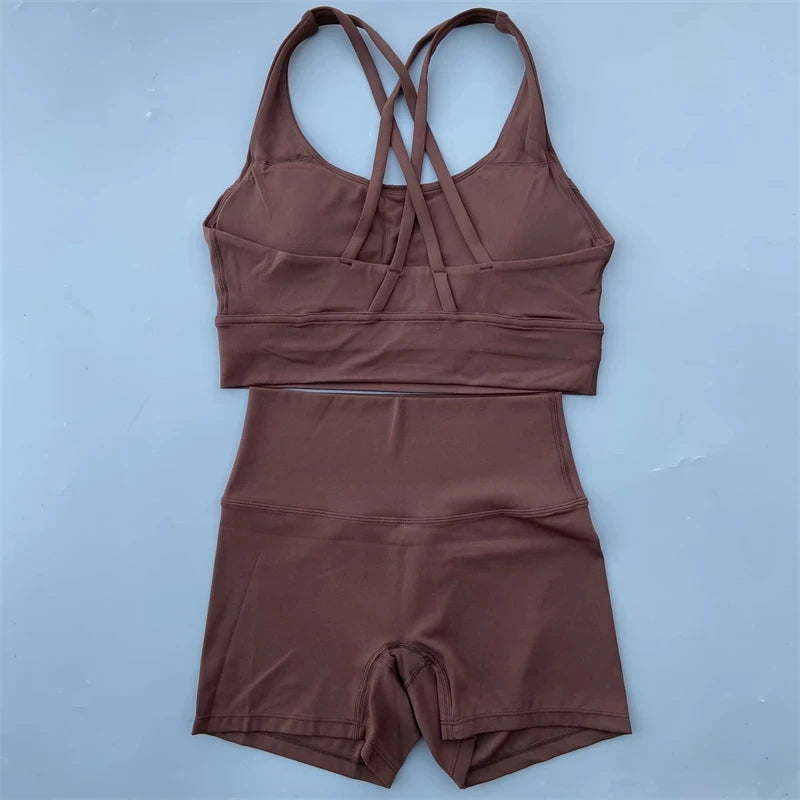 Women’s Solid Color Gym Set – Leggings & Cross Sports Bra Tracksuit
