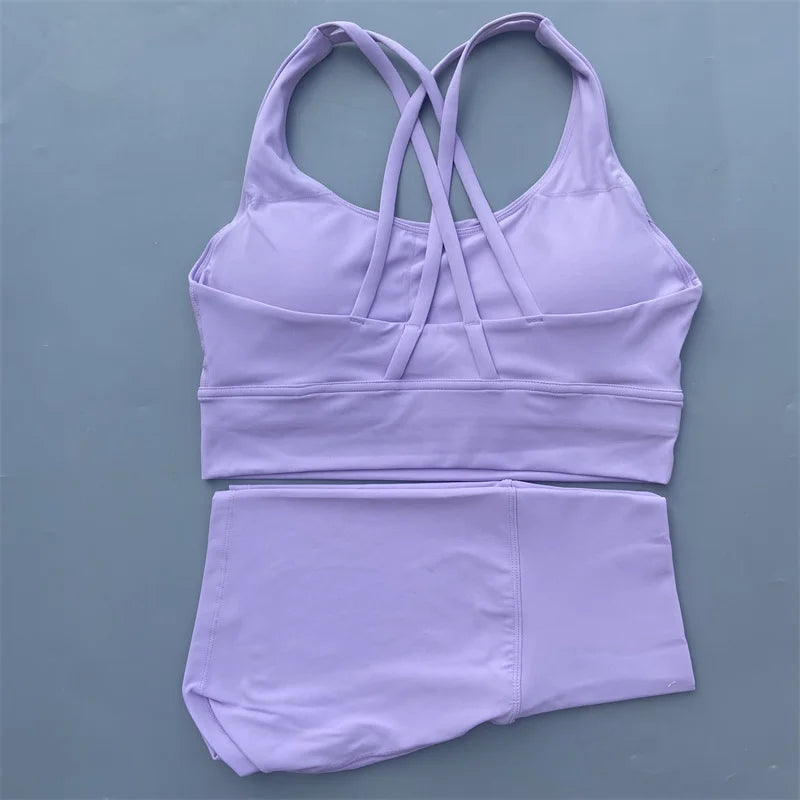 Women’s Solid Color Gym Set – Leggings & Cross Sports Bra Tracksuit