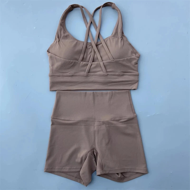 Women’s Solid Color Gym Set – Leggings & Cross Sports Bra Tracksuit