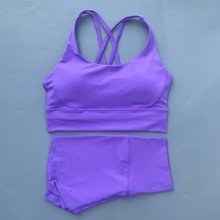 Women’s Solid Color Gym Set – Leggings & Cross Sports Bra Tracksuit