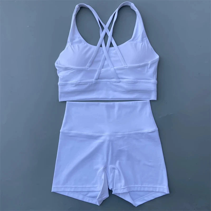 Women’s Solid Color Gym Set – Leggings & Cross Sports Bra Tracksuit